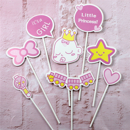 Picture of Paper Cupcake Picks Toppers Girl Pink Bowknot Pattern 15cm - 10cm, 1 Set