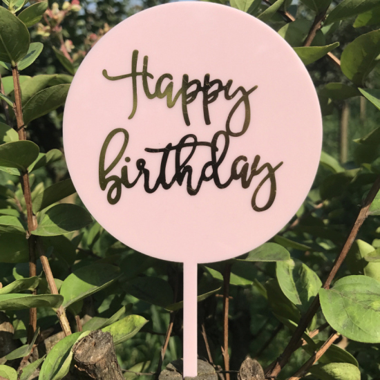 Picture of Acrylic Cupcake Picks Toppers Round Light Pink " HAPPY BIRTHDAY " 15cm x 9.8cm, 1 Piece