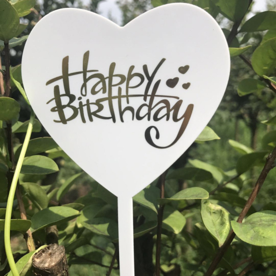 Picture of Acrylic Cupcake Picks Toppers Heart White " HAPPY BIRTHDAY " 15cm x 9.8cm, 1 Piece