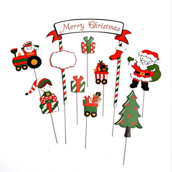 Picture of Paper Cupcake Picks Toppers Christmas Santa Claus Multicolor Tree Pattern 1 Set ( 9 PCs/Set)
