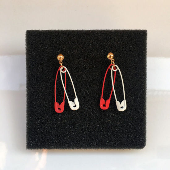 Picture of Earrings Gold Plated White & Red Pin 30mm, 1 Pair