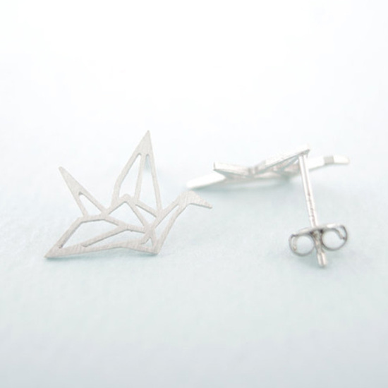 Picture of Ear Post Stud Earrings Silver Plated Origami Crane 10mm x 5mm, 1 Pair