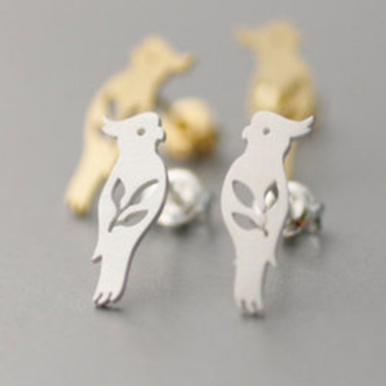 Picture of Ear Post Stud Earrings Silver Tone Parrot Animal 10mm x 5mm, 1 Pair