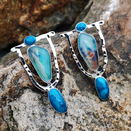 Picture of Vintage Retro Earrings Silver Tone Cyan Geometric 3.4cm x 2cm, 1 Pair
