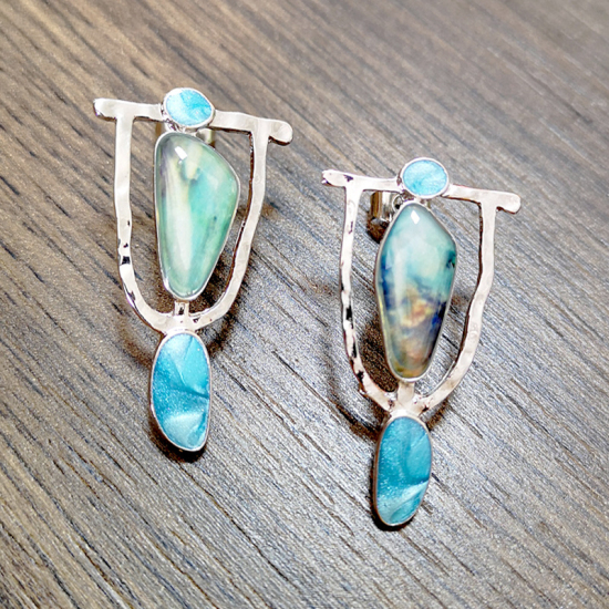 Picture of Vintage Retro Earrings Silver Tone Cyan Geometric 3.4cm x 2cm, 1 Pair