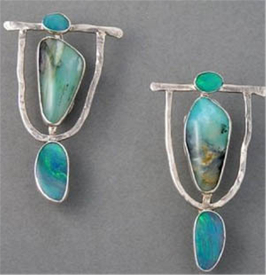 Picture of Vintage Retro Earrings Silver Tone Cyan Geometric 3.4cm x 2cm, 1 Pair