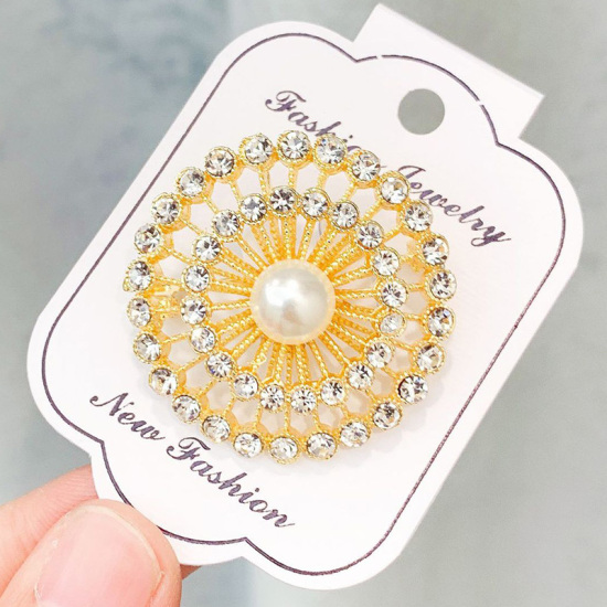 Picture of Pin Brooches Wheel Gold Plated White Imitation Pearl Clear Rhinestone 40mm x 40mm, 1 Piece