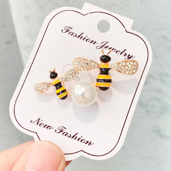 Picture of Pin Brooches Bee Animal Gold Plated Black & Yellow Imitation Pearl Clear Rhinestone 47mm x 25mm, 1 Piece