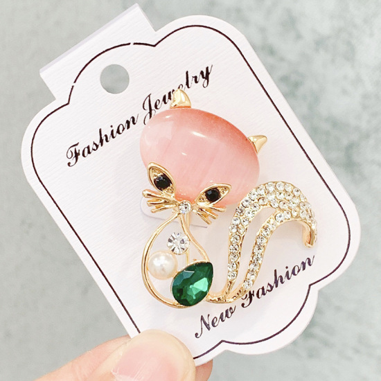 Picture of Pin Brooches Cat Animal Gold Plated Pink & Green Black & Clear Rhinestone 40mm x 39mm, 1 Piece