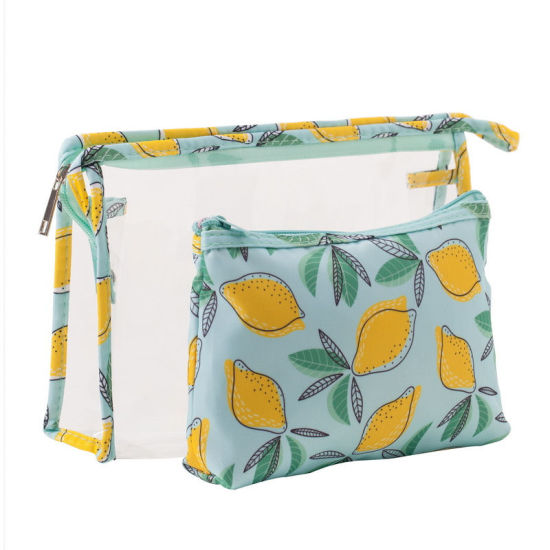 Picture of Green - Lemon large capacity transparent PVC two-piece portable waterproof travel storage cosmetic bag set 
