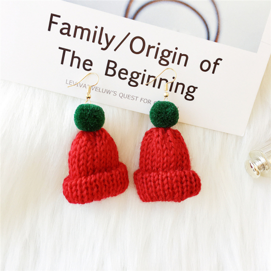 Picture of Earrings Gold Plated Red & Green Christmas Hats 70mm x 50mm, 1 Pair