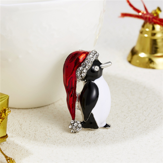 Imagen de Navidad Pin Broches Pingüino Multicolor Transparente Rhinestone 40mm x 20mm, 1 Unidad