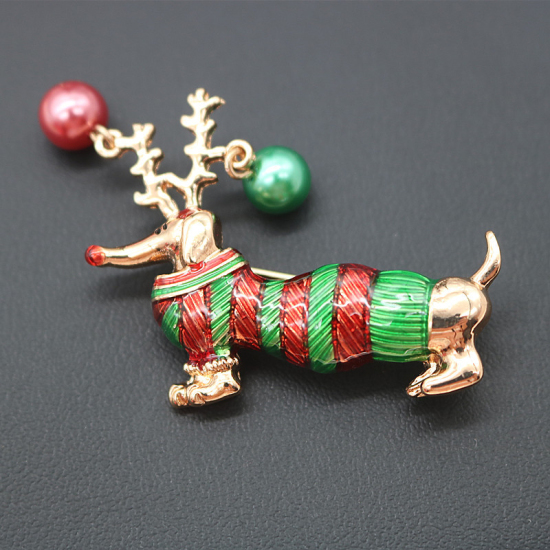 Imagen de 1 Unidad Navidad Pin Broches Perro Cornamenta Chapado en Oro Rojo & Verde Esmalte