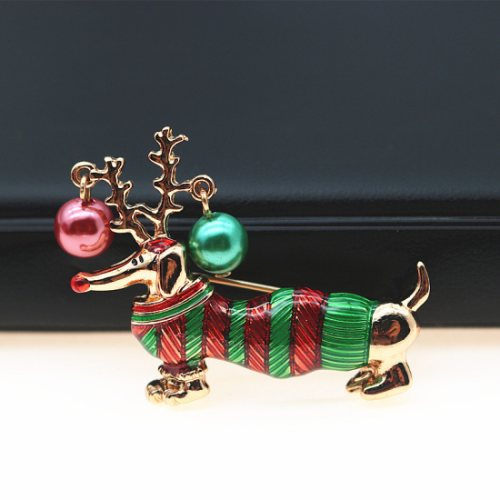 Imagen de 1 Unidad Navidad Pin Broches Perro Cornamenta Chapado en Oro Rojo & Verde Esmalte