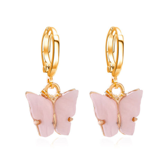 Picture of Hoop Earrings Gold Plated Light Pink Butterfly Animal 25mm x 10mm, 1 Pair