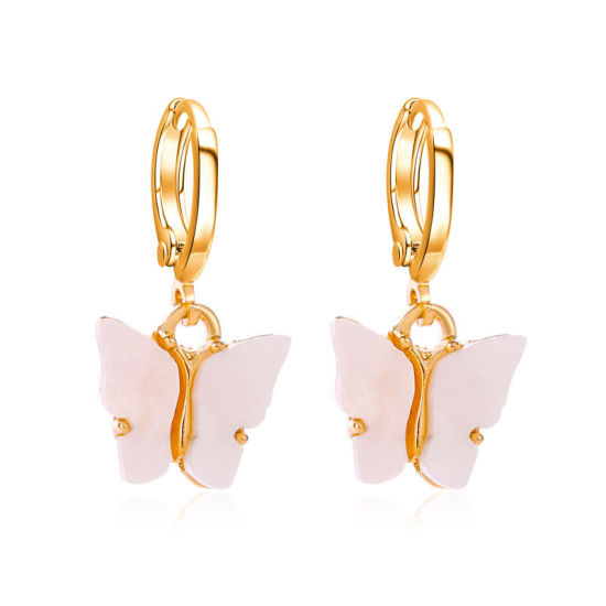 Picture of Hoop Earrings Gold Plated White Butterfly Animal 25mm x 10mm, 1 Pair