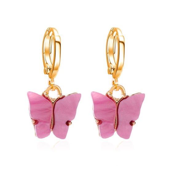 Picture of Hoop Earrings Gold Plated Mauve Butterfly Animal 25mm x 10mm, 1 Pair