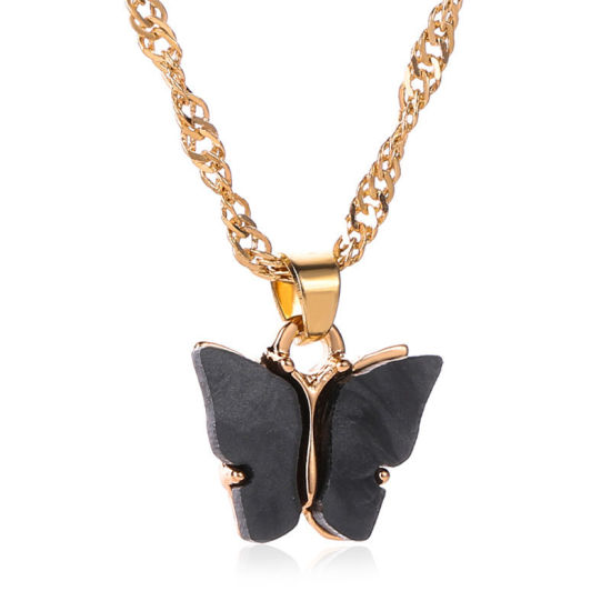 Picture of Necklace Gold Plated Gray Black Butterfly Animal 51cm(20 1/8") long, 1 Piece