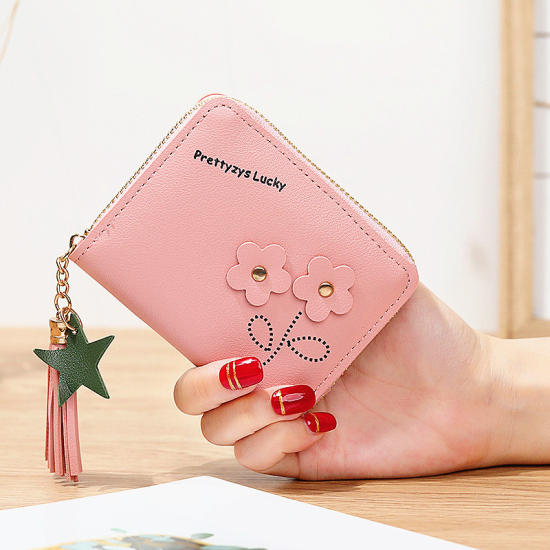 Picture of PU Leather Wallets Flower Tassel Pink 11cm x 9cm , 1 Piece