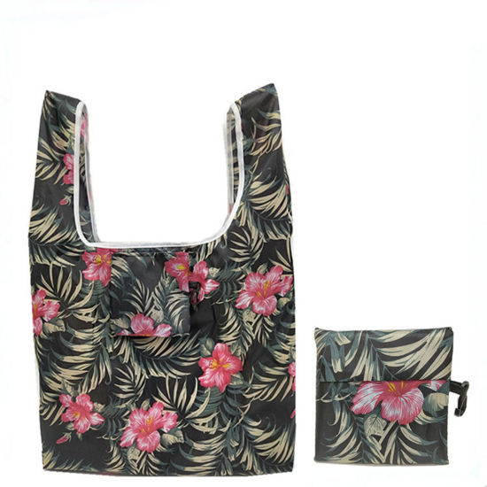Picture of Polyester Portable Foldable Eco-Friendly Shopping Bag Black & Pink Flower 55cm x 36cm, 1 Piece