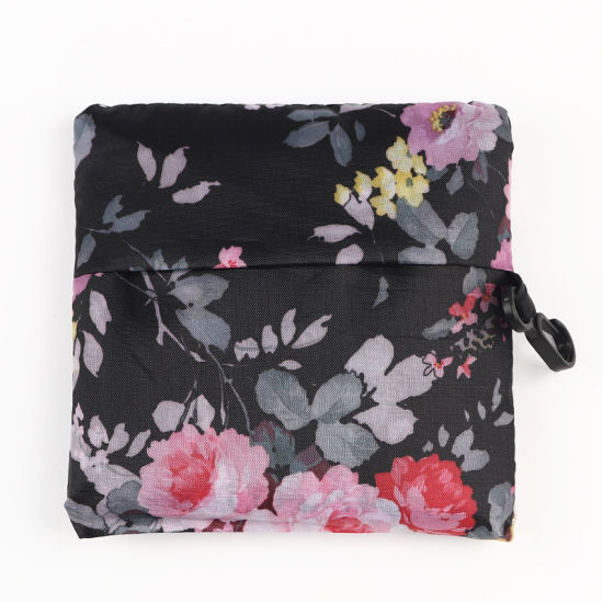 Picture of Polyester Portable Foldable Eco-Friendly Shopping Bag Black & Pink Flower 55cm x 36cm, 1 Piece