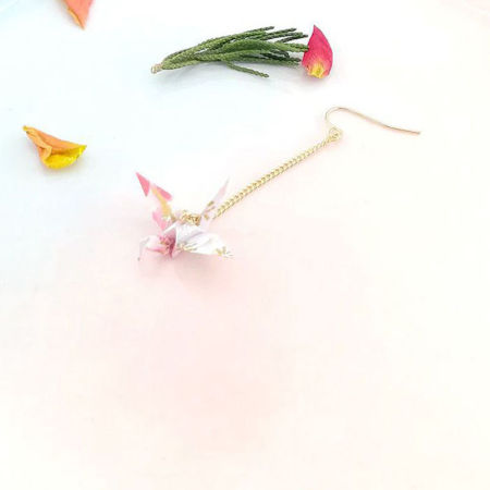 Picture of Brass Earrings Gold Plated White & Pink Origami Crane 65mm, 1 Piece