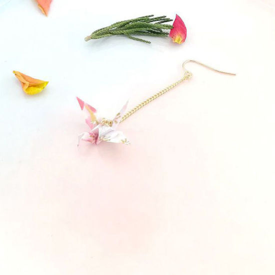 Picture of Brass Earrings Gold Plated White & Pink Origami Crane 65mm, 1 Piece                                                                                                                                                                                           