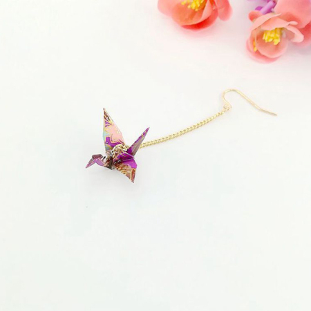 Picture of Brass Earrings Gold Plated Purple Origami Crane 65mm, 1 Piece