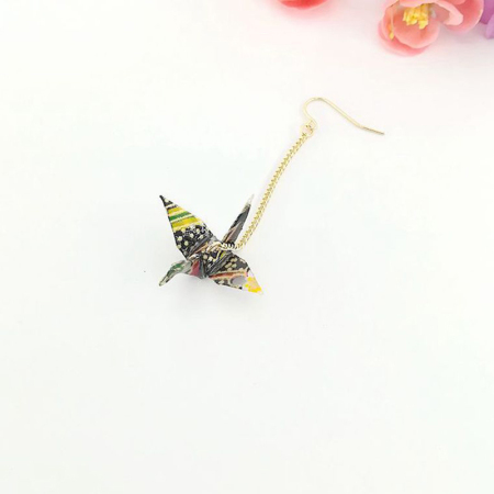 Picture of Brass Earrings Gold Plated Black Origami Crane 65mm, 1 Piece