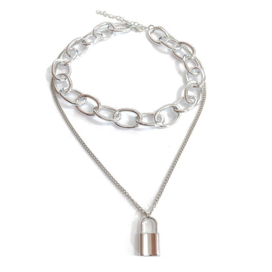 Picture of Multilayer Layered Paperclip Chains Necklace Silver Tone Lock 42cm(16 4/8") long, 1 Piece