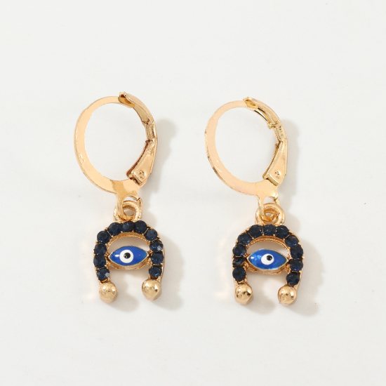 Picture of Hoop Earrings Gold Plated Blue & Black U-shaped Evil Eye 27mm x 12mm, 1 Pair