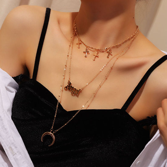 Picture of Multilayer Layered Necklace Gold Plated Half Moon Cross 38cm(15") long, 1 Piece