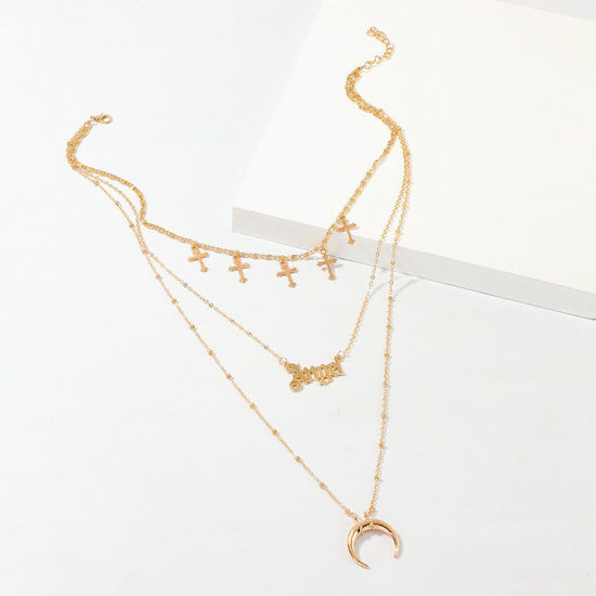 Bild von Mehrschichtige Halskette Vergoldet Halbmond Kreuz 38cm lang, 1 Strang