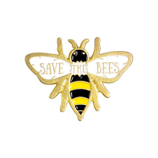 Изображение Основы для Брошей Пчелы Позолоченный Черный & Желтый С Эмалью 30мм x 25мм, 1 ШТ