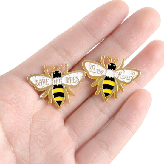 Imagen de Pin Broches Abejas Chapado en Oro Negro & Amarillo Esmalte 30mm x 25mm, 1 Unidad