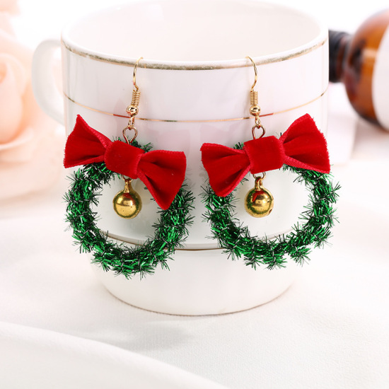 Picture of Earrings Gold Plated Red & Green Christmas Wreath Bell 55mm x 35mm, 1 Pair