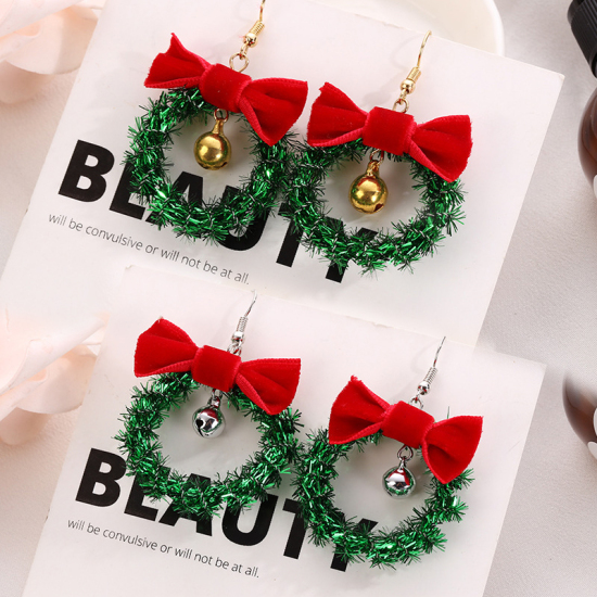 Picture of Earrings Gold Plated Red & Green Christmas Wreath Bell 55mm x 35mm, 1 Pair