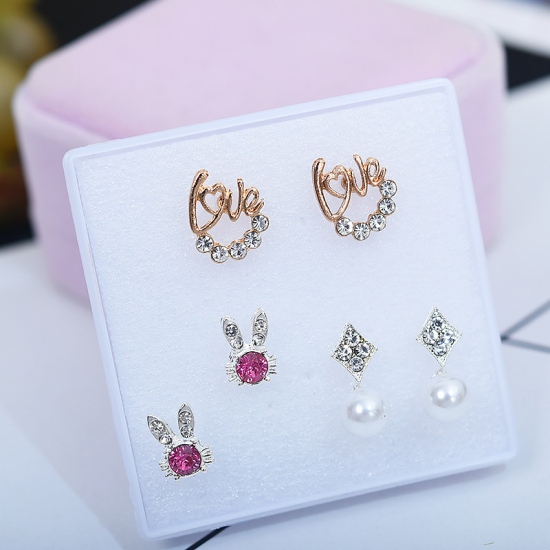 Picture of Ear Post Stud Earrings Set Gold Plated White Rabbit Animal Love Symbol Clear Rhinestone Imitation Pearl 1 Set ( 3 Pairs/Set)