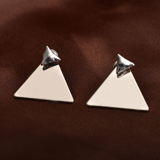 Picture of Ear Jacket Stud Earrings Silver Tone Triangle 22mm x 20mm, 1 Pair
