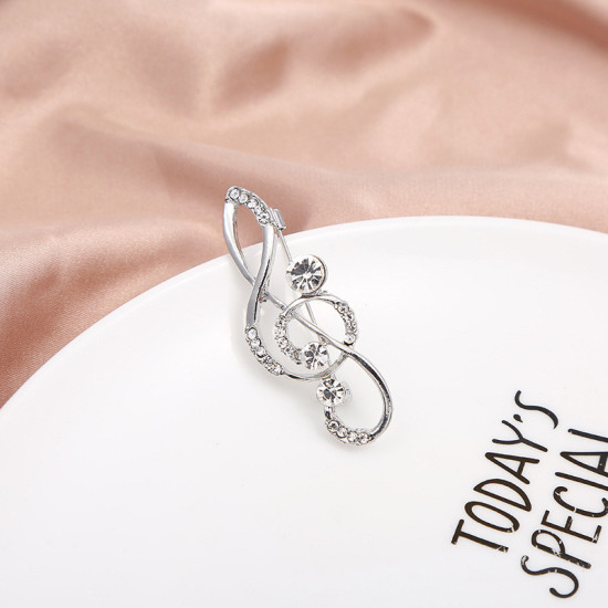 Picture of Exquisite Pin Brooches Musical Note Silver Tone Clear Rhinestone 5.4cm x 2cm, 1 Piece