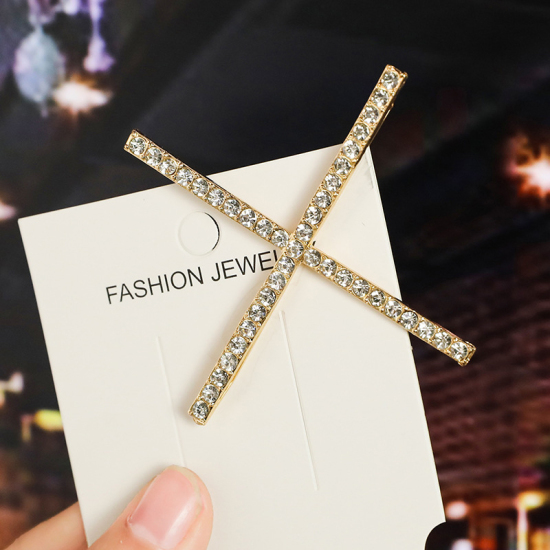 Picture of Hair Clips Gold Plated Cross Clear Rhinestone 9cm - 6.5cm, 1 Piece