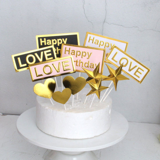 Picture of Paper Cupcake Picks Toppers Black & Gold Rectangle Pentagram Star Message " HAPPY BIRTHDAY " 1 Set ( 4 PCs/Set)
