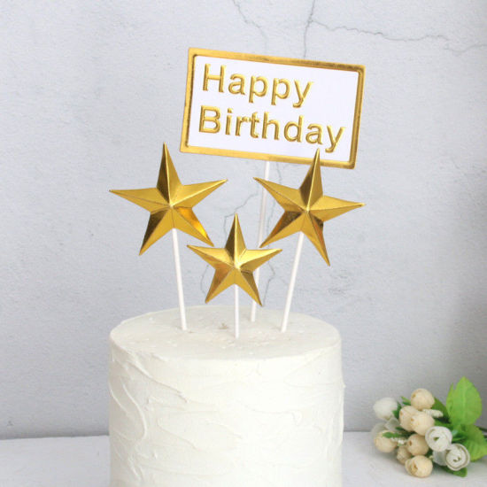 Bild von Papier Kuchen Einlegekarten Rechteck Weiß & Gold Pentagramm Message " HAPPY BIRTHDAY " 1 Set ( 4 Stück/Set)