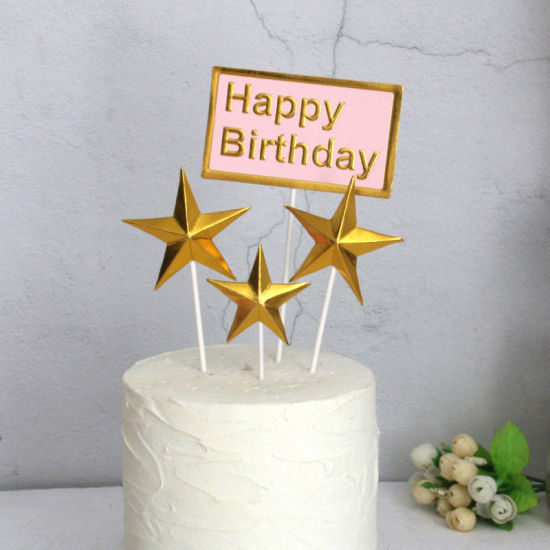 Bild von Papier Kuchen Einlegekarten Rechteck Rosa & Golden Pentagramm Message " HAPPY BIRTHDAY " 1 Set ( 4 Stück/Set)