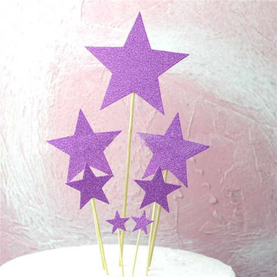 Picture of Paper Cupcake Picks Toppers Purple Pentagram Star Glitter 1 Set ( 7 PCs/Set)
