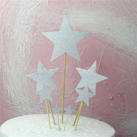 Picture of Paper Cupcake Picks Toppers Silver Pentagram Star Glitter 1 Set ( 7 PCs/Set)