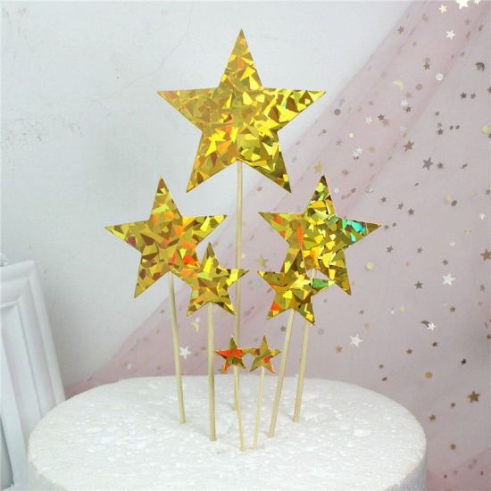 Picture of Paper Cupcake Picks Toppers Golden Pentagram Star Laser 1 Set ( 7 PCs/Set)