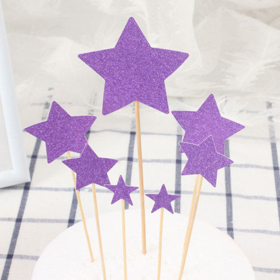 紙 ケーキピック 紫 五芒星 きらめき 19cm x 7cm - 13cm x 2cm、 1 セット ( 7 個/セット) の画像