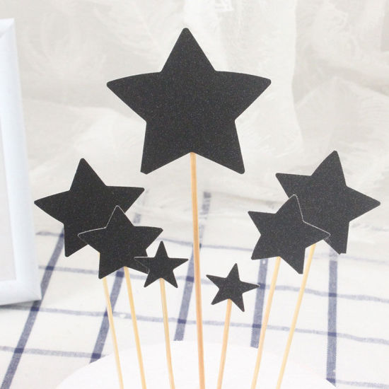 Picture of Paper Cupcake Picks Toppers Black Pentagram Star Glitter 19cm x 7cm - 13cm x 2cm, 1 Set ( 7 PCs/Set)