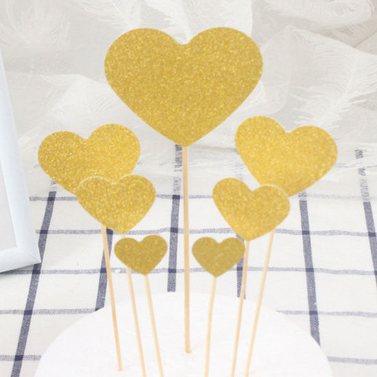 Bild von Papier Kuchen Einlegekarten Golden Herz Glitzert 19cm x 7.5cm - 13cm x 2.5cm, 1 Set ( 7 Stück/Set)